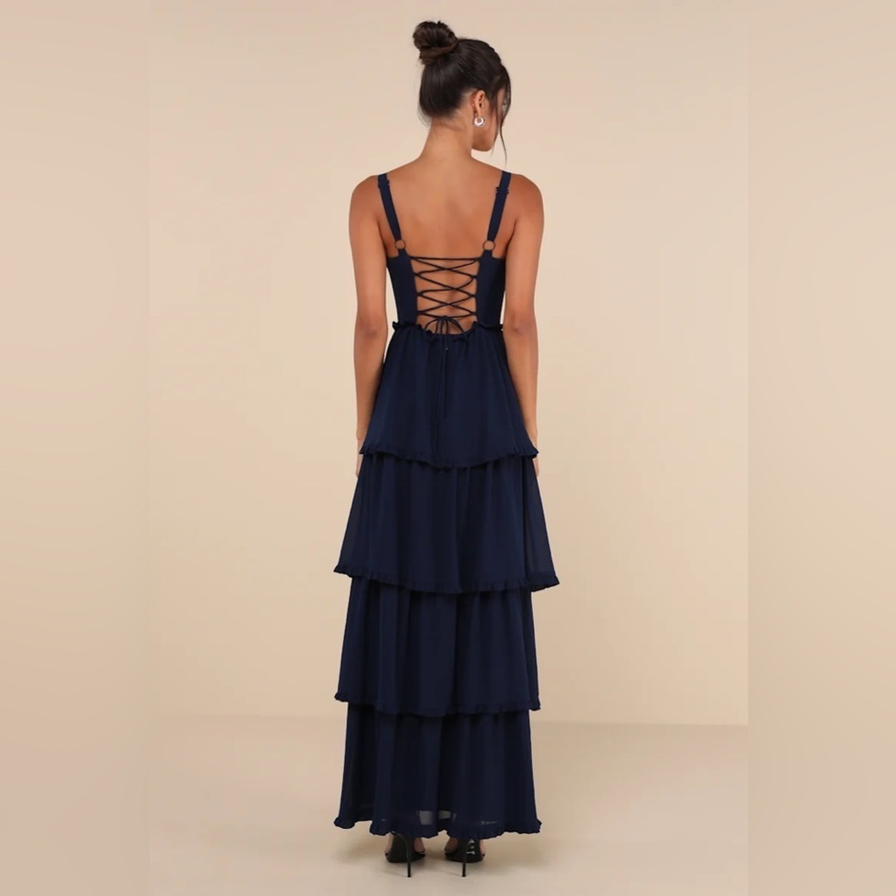 Lulus Sophisticated Occasion Navy Blue Bustier Lace-Up Maxi Dress - Picture 3 of 8